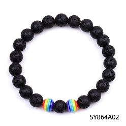 Lava Rock Natural Lava Rock & Glass Round Beaded Stretch Bracelet, 7-1/4~7-1/2 inch(18.5~19cm)