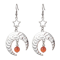Dark Salmon Antique Silver Alloy Star & Moon Dangle Earrings, with Glass Beads, Dark Salmon, 70.5x32.5mm