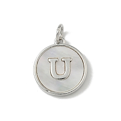 Letter U Латунный паве натуральный ракушка плоский круглый с буквенными подвесками, платина, долговечный, без свинца и без кадмия, стойки покрытие, цвет морской раковины, Буква U, 15x13x2 мм, отверстие : 3 мм
