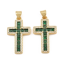 Green Brass Micro Pave Cubic Zirconia Pendants, Square Cross Charms, Cadmium Free & Lead Free, Golden, Green, 27x16x3mm, Hole: 5x3mm