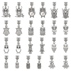 Antique Silver Alloy European Dangle Charms, Owl Large Hole Pendants, Mixed Shapes, Antique Silver, 25~33.5mm, Hole: 5.5mm