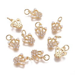 Golden Brass Micro Pave Cubic Zirconia Charms, with Acrylic Beads, Long-Lasting Plated, Crown, Golden, 13x10x3mm, Hole: 3.5mm