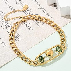 Сердце Прямоугольник 304 браслеты из нержавеющей стали, кубинская цепочка ювелирные изделия для женщин, с кубического циркония, реальный 18 k позолоченный, сердце, 6-7/8x1/4 дюйм (17.6x0.6 см), Прямоугольник: 12x40.5x3 мм