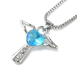 Deep Sky Blue Cubic Zirconia Fairy with Heart Pendant Necklace with Box Chains, Platinum Zinc Alloy Jewelry for Women, Deep Sky Blue, 18.98 inch(48.2cm)
