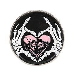 Black Gothic Printed Alloy Lapel Pin Backs for Backpack Clothes, Flat Round with Skeleton Heart Hands & Skull, Platinum, Black, 30.5mm