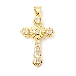 Clear Brass Micro Pave Cubic Zirconia Pendants, Cross Charms, Real 16K Gold Plated, Clear, 31x19x3mm, Hole: 3.5x5mm