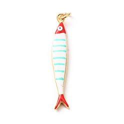 Cyan Brass with Enamel Pendants, Fish with Stripe Charms, Rack Plating, Long-Lasting Plated, Lead Free & Cadmium Free, Real 18K Gold Plated, Cyan, 44x7x4mm, Hole: 3.5mm