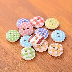 Mixed Color Mixed Flat Round 2-Hole Printed Wooden Buttons Garment Accessories, Mixed Color, 15x4.5mm, Hole: 1mm