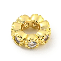 Настоящее золото 14K Бусины-проставки из латуни с кубическим цирконием, долговечный, без свинца и без кадмия, плоско-круглые, реальный 14 k позолоченный, 6x2 мм, отверстие : 2.8 мм