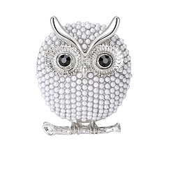 Платина Сплава брошь, с пластиковой имитационной жемчужиной, сова, платина, 39x33 мм