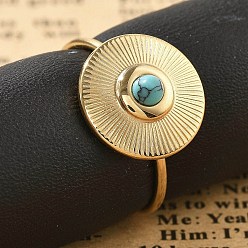 Золотой 304 открытые манжеты из нержавеющей стали для женщин, с синтетическими бирюзовый, ионное покрытие (ip), плоско-круглые, золотые, размер США 7 1/4 (17.5 мм)