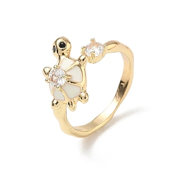 Light Gold Anillos de dedo de latón esmaltado con temática oceánica, tortuga, con diamantes de imitación y perla de plástico, la luz de oro, 11.5 mm, diámetro interior: 16 mm