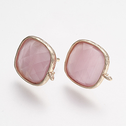 Pink Латунные серьги-гвоздики из циркония, с петлей, кошачий глаз, квадратный, граненые, золотой свет, розовые, 17 мм, отверстия: 1 мм, штифты: 0.7 мм