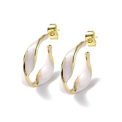 White Enamel Twist Stud Earrings, Golden Brass Half Hoop Earrings for Women, White, 25x21x9mm, Pin: 0.8mm