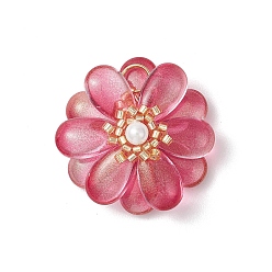 Светло-Вишневый Прозрачные стеклянные подвески, цветочный шарм, с бусинами из ракушечного жемчуга и 304 петлями из нержавеющей стали, светло-вишневый, 29.5x30x12.5 мм, отверстие : 5.5 мм