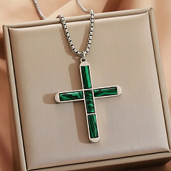 Малахит 304 Подвеска в виде религиозного креста из нержавеющей стали с синтетическим малахитом, цвет нержавеющей стали, 21.65 дюйм (55 см)