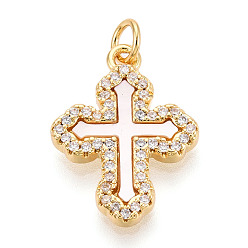 Настоящее золото 18K Латунные микропаве прозрачные подвески с фианитом, без кадмия и без свинца, с оболочкой, крестик, с целью перехода в кольце, реальный 18 k позолоченный, 20.5x15.5x2.5 мм, отверстие : 3 мм
