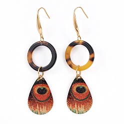 Colorful Printed Iron Dangle Earrings, with 316 Surgical Stainless Steel Hook and Cellulose Acetate(Resin), Ring & Teardrop, Colorful, 73~74mm, Pin: 0.7mm