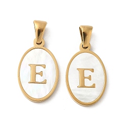 Letter E Натуральный ракушечный овал с инициалами, с 304 установками из нержавеющей стали, ионное покрытие (ip), реальный 18 k позолоченный, белые, Письмо E, 21x13x2 мм, отверстие : 3.5x5 мм