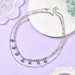 Stainless Steel Color Alloy Enamel Blye Evil Eye Pendant Faceted Round Natural Labradorite Beaded 304 Stainless Steel Satellite Chain Double Layer Necklaces, Stainless Steel Color, 16.10~17.99 inch inch(40.9~45.7cm), 2pcs/set