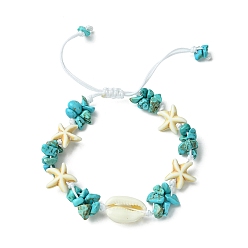 Synthetic Turquoise Synthetic Turquoise Starfish & Natural Shell Braided Bead Bracelets, Adjustable Braclelet for Women, Inner Diameter: 1-7/8~3-3/8 inch(4.8~8.5cm)