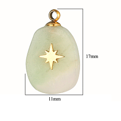 New Jade Natural New Jade Pendants, Oval Charms, with Golden Tone Stainless Steel Star Slice, 17~18x11~12x3.5~4.3mm