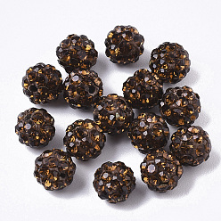 Smoked Topaz Pave Disco Ball Beads, Polymer Clay Pave Rhinestone Beads, Round, Half Drilled, Smoked Topaz, PP15(2.1~2.2mm), 4 Rows Rhinestone, 6.5mm, Half Hole: 1mm