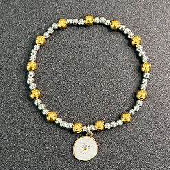 Солнце 304 Браслеты из нержавеющей стали с эмалированными подвесками, круглые бусины эластичные браслеты для женщин, золотые и нержавеющая сталь цвет, солнце, внутренний диаметр: 2.36 дюйм (6 см)