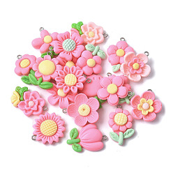 Pink 20 шт 20 стили подвески из непрозрачной смолы, цветок, с платиновым тоном железная петля, розовые, 27x19x6 мм, отверстие : 1.8 мм, 1 шт / стиль