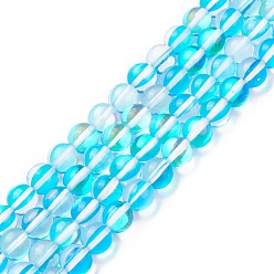 Light Sky Blue Synthetic Moonstone Beads Strands, Holographic Beads, Dyed, Round, Light Sky Blue, 8mm, Hole: 1mm, about 45~47pcs/strand, 14~15 inch