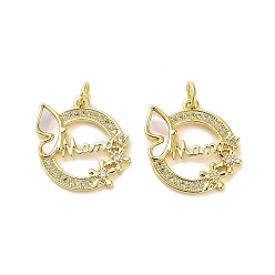 Настоящее золото 18K Подвески из латуни с микро паве ко Дню матери, прозрачные подвески с кубическим цирконием, без кадмия и без свинца, с оболочкой, Перейти кольцо, круглый с бабочкой и словом мама, реальный 18 k позолоченный, 19x18x3 мм, отверстие : 3.5 мм