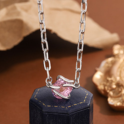 Бледно-Розовый Подвеска из латуни с кубическим цирконием и бриллиантом 304 Цепочка из нержавеющей стали в виде скрепки для женщин, цвет нержавеющей стали, розовый жемчуг, 15.75 дюйм (40 см)