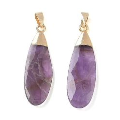 Amethyst Natural Amethyst Pendants, Faceted Teardrop Charms, with Brass Finding, 31.5~32.5x9.5~10x3.5~4mm, Hole: 5.5x3mm