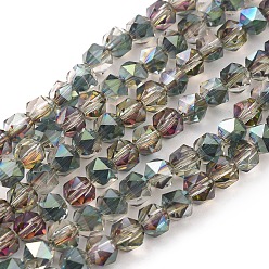 Зеленое Покрытие Стеклянные бусины с гальваническим покрытием , с половиным покрытием, граненые, круглые, зеленый покрытием, 6x6x5 мм, отверстие : 1.2 мм, около 100 шт / нитка, 19.3 дюйм (49 см)