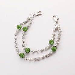 Зеленый лайм Двухслойные цепочки для брюк из полимерной глины с круглыми бусинами и стразами, с поворотными застежками сплава, платина, зеленый лайм, 300 мм