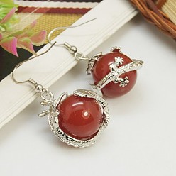 Carnelian Fashion Gemstone Earrings, Red Agate with Brass Earring Hooks, Orange Red, 42x20mm, Pin: 0.7mm
