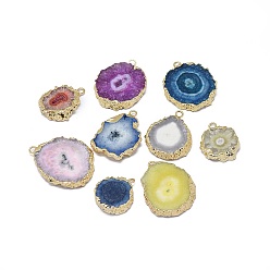 Золотой Подвески из натурального окрашенного кварца, солнечный кварц, с позолоченными краями из латуни, самородки, разноцветные, 23~36x19~26x4~6 мм, отверстие : 2.5 мм