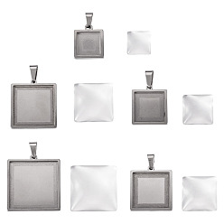 Square 6Pcs 6 Styles 304 Stainless Steel Pendant Cabochon Settings, with 6Pcs 6 Styles Transparent Clear Glass Square Cabochons, Stainless Steel Color, Square, 10x10x4mm