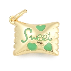 Весенне-зеленый Латунь эмаль прелести, с целью перехода в кольце, конфеты со словами сладкие чары, долговечный, без свинца и без кадмия, стойки покрытие, реальный 18 k позолоченный, весенний зеленый, 10.5x13.5x5.5 мм, отверстие : 3 мм