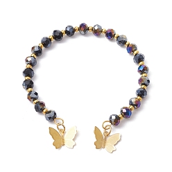 Black Glass Round Beaded Cuff Bangles, with Golden Brass Butterfly Charms, Black, Inner Diameter: 2-1/8 inch(5.5cm)