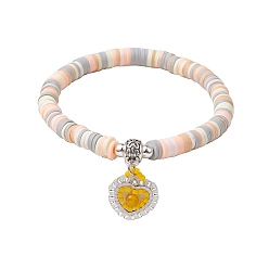 Желтый Браслеты с подвесками в форме сердца из натуральных драгоценных камней и бисера миюки, Браслеты стрейч из полимерной глины в виде дисков из бисера, желтые, внутренний диаметр: 2 дюйм (5.1 см)