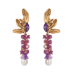 Фиолетовый Серьги-гвоздики из латуни с цветком, Серьги-подвески в форме капли из смолы и искусственного жемчуга., античное золото , фиолетовые, 76x11 мм