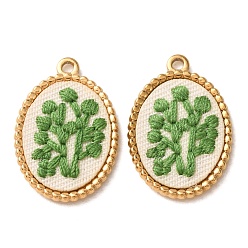 Green 304 Stainless Steel & Cloth Embroidered Pendants, Oval with Leaf Charms, Ion Plating(IP), Long-Lasting Plated, Real 18K Gold Plated, Green, 26x18x3mm, Hole: 2mm