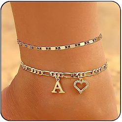 Letter A Двухслойные браслеты для щиколотки с латунными кристаллами и стразами в форме сердца, золотые, буква a, 7-7/8 дюйм (200 мм), 2 шт / комплект