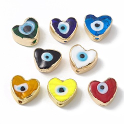 Mixed Color Brass Beads, with Enamel, Real 18K Gold Plated, Cadmium Free & Nickel Free & Lead Free, Heart with Evil Eye, Mixed Color, 14.5x16x7mm, Hole: 1.6mm