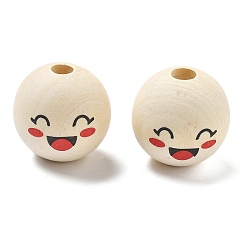 Папайя Оранжевый Печатные деревянные европейские бусины схима, круглый с рисунком улыбающегося лица, papayawhip, 28.5x27.5 мм, отверстие : 6.5 мм