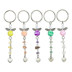 Couleur Mélangete Porte-clés pendentif cœur en alliage et puces de pierres précieuses avec perles acryliques, pour l'ornement de sac de clé de voiture, couleur mixte, 10.4~10.5 cm