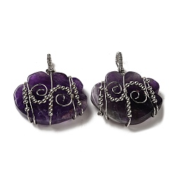 Amethyst Natural Amethyst Copper Wire Wrapped Pendants, Cloud Charms with Brass Beads, Rack Plating, Platinum, 47~50x44.5~45x11~12mm, Hole: 6x5.5mm