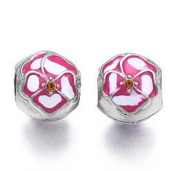 Hot Pink Rack Plating Alloy Enamel European Beads, Large Hole Beads, with Topaz Rhinestone, Cadmium Free & Nickel Free & Lead Free, Flower, Platinum, Hot Pink, 12.5x11x10mm, Hole: 5mm