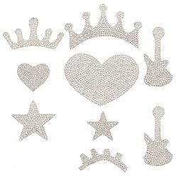 Crystal 7 Style Glitter Rhinestone, Iron on Patches, with Self-Adhesive, Dress Shoes Garment Decoration, Crown & Star & Heart & Eyelash & Guitar & Crown, Crystal, 24~75x33~80x1.5~2mm, 9pcs/bag